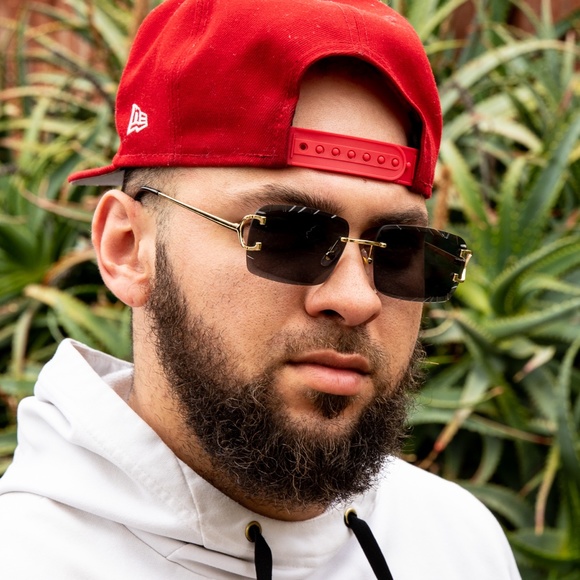 Men's Gem Cut Black Tint Gold Frame Hip Hop Rimless Luxury Rectangle Sunglasses - Picture 5 of 5